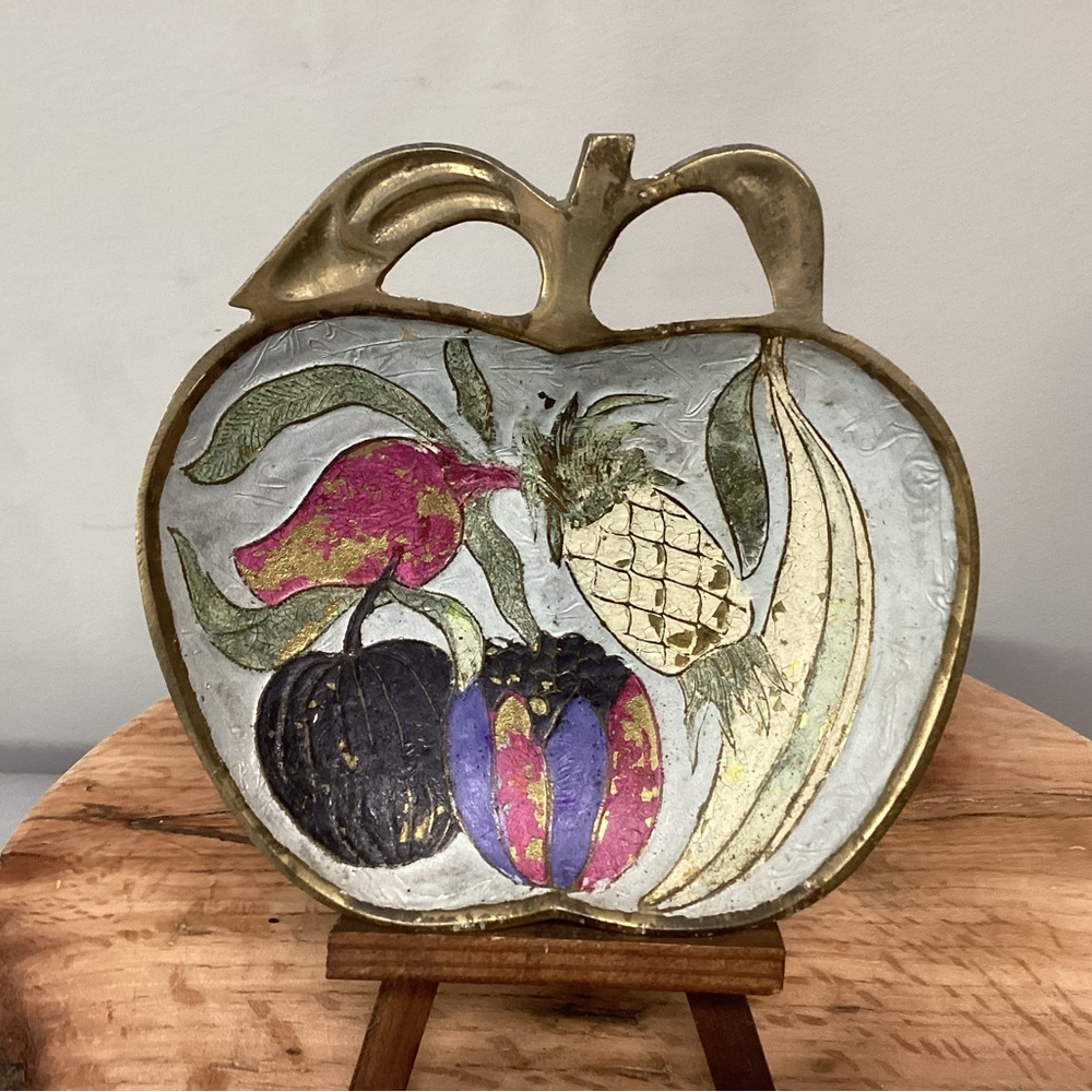 🟡 Vintage - Solid Brass Fruit Themed Dish - Trinket - Ashtray - Enamel Paint